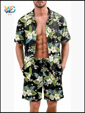 Men's Pajama Set 2 Piece Button Down Short Sleeve Shirt and Shorts Lounge Set